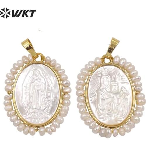 WT-JP255 Amazing white shell carved Virgin Mary pendant handmade pearl charm wrapped Religous Mother of Jesus pendants
