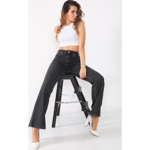 Black High Waist Vintage 90s Flare Fit Jeans Pant for Women Streetwear Loose Female Denim Jeans Buttons Zipper Ladies Jeans
