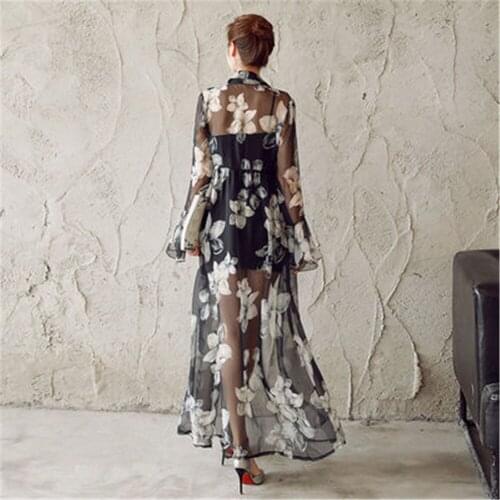 Plus Size Thin Flower Printed Chiffon Cardigan Women Maxi Poncho 2021 Summer Fashion Female Long Kimonos Outwear Coat ZY5984