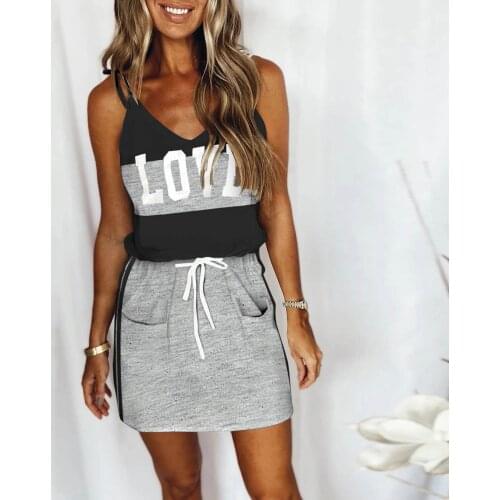 Women Summer Dress Casual V-neck Sleeveless Backless Spaghetti Strap Sexy Loose Dresses Drawstring Beach Dress Vestidos Female