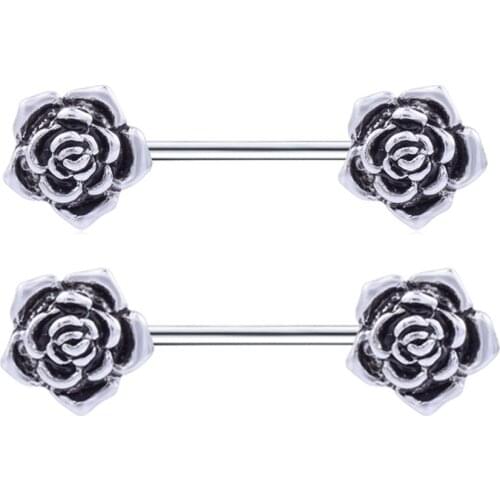 2pcs Hot Sale Stainless Steel Nipple Rings Jewelry Trendy vintage rose flower Nipple Barbell Piercing Ring Body Piercing Jewelry