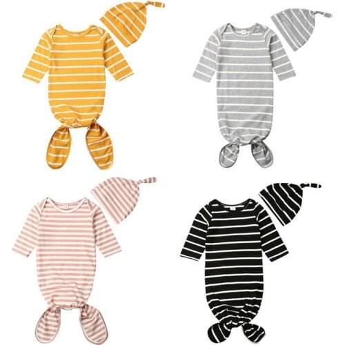 2Pcs Newborn Baby Boy Girl Cotton Swaddle Striped Long Sleeve Soft Cotton Muslin Blanket Infant Baby Wrap Sleeping Bag+Hat Set