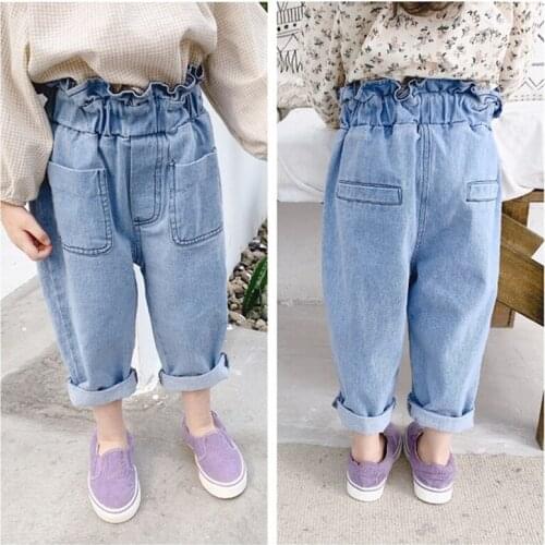 Spring 2021 new baby girls solid color high waist jeans korean style cute children pockets casual thin denim pants 1-6Y
