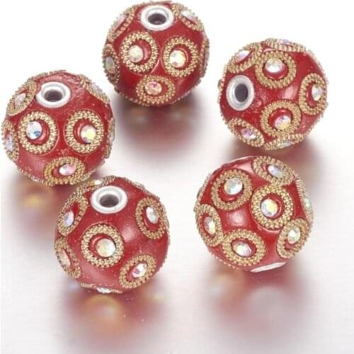 5pcs 23x21mm Round Handmade Indonesia Beads, with Rhinestones and Silver Plated Alloy Cores, Black, Hole: 3mm
