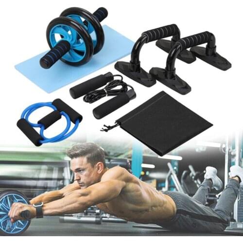 5-in-1 Muscle Trainer Wheel Roller Kit AB Abdominal Roller With Push UP Bar Jump Rope Knee Pad Gym Home Fitness Equipment