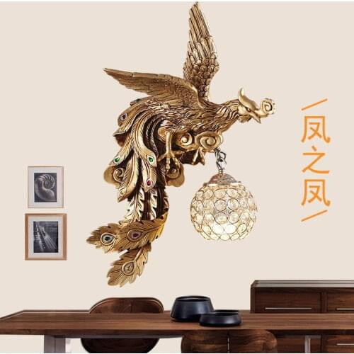 American style country resin peacock wall lamp living room bedroom bedside lamp European gold creative crystal wall lamp