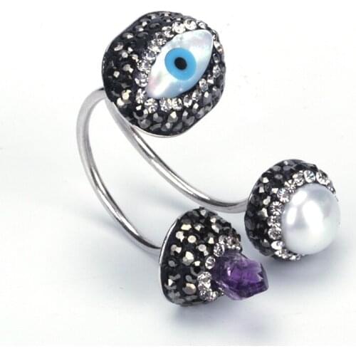 Dankaishi Evil Eye Open Rings for Women Paved with Rhinestone and Cubic Zirconia Pearl Crystal Charm Luxury Style Boho Accessory