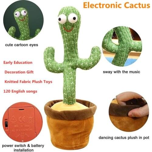 Electronic Cactus 120 English Songs Flashing Sounding AA Battery Operated Home Decor 12.5 Inch Knitted Fabric Plush Toys
