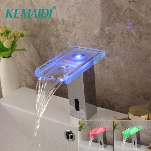 KEMAIDI Chrome Polished LED Bathroom Automatic Infrared Hands Touchless Free Faucet Sensor Tap Inductive Electric Basin Mixer