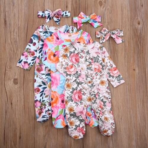 Newborn Baby Girl Footed Playsuit Floral Print One Piece Jumpsuit Sleeper with Headband Infant Spring Fall Clothes for Girls