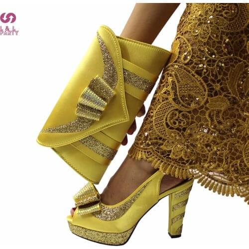 Pretty African Women Shoes Matching Bag Set in Yellow Color Peep Toe Super High Heels with Platform Sandals for Wedding Party