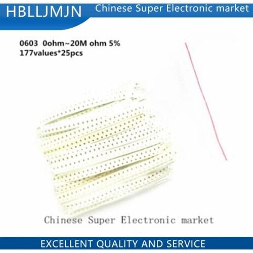 SMD 0603 Resistors kit 0ohm~20M ohm 5% 177values*25pcs=4425pcs Chip Resistors Assorted Samples kit