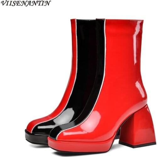 Square Heel Square Toe Short Boots Leather Fashion Net Celebrity Catwalk Fashion Patent Leather Color Matching Short Tube