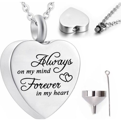 Cremation Ash Jewelry Always on My Mind Forever in My Heart Memorial Keepsake Pendant Stainless Steel Urn Necklace for Women