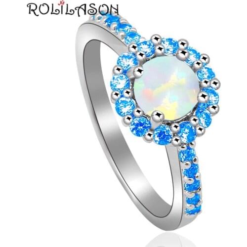 Mini Blue Zircon design Hot sell White Fire Opal silver plated Stamped Crystal Jewelry Rings USA #6#7#7.5#8#8.5#9 OR712