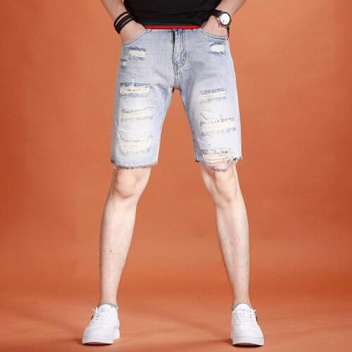 Mens Ripped Denim Shorts 2021 Summer Light Blue Burr Short Jeans Streetwear Casual Thin Loose Knee Length Pants