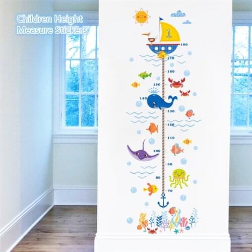 180m Ocean Style Height Measure Wall Stickers Cartoon Shark Whale Stadiometers Decal For Baby Room Decor Height Gauge Kids Gift