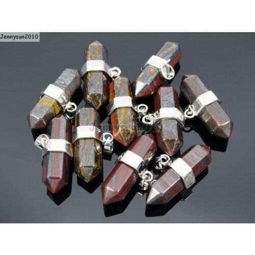 Natural Tigereye Iron Gems Stones Horizontal Hexagonal Pointed Reiki Chakra Pendant Beads Necklace Jewelry 10Pcs/Pack