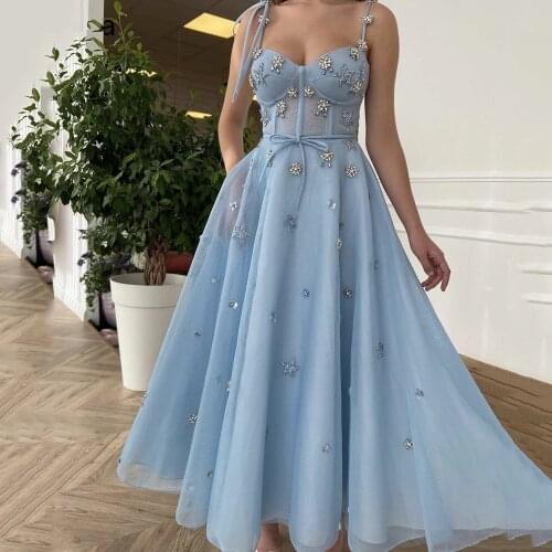 Sky Blue Prom Dresses A-line Spaghetti Straps Tulle Beaded Dubai Saudi Arabic Robe De Soiree Long Prom Gown Evening Dresses