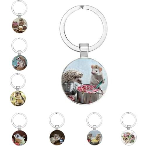 New Cute Hedgehog Keychain Handmade Cute Cartoon Photo Animal Lady Glass Cabochon Key Ring Key Chain Gift For Girl