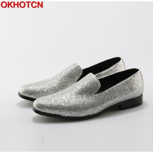 OKHOTCN 2018 Spring Men Shoes Fashion Bling Bling Shallow Slip on Flats Pointed Toe Silver Tenis Oxfords wedding dress shoes