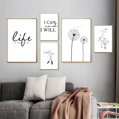 Black and White Dandelion Poster and Print Letter Love Life Quotes Wall Art Canvas Painting Home Decor Picture Wall Decoration