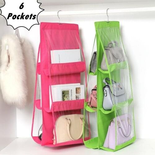 6 Pocket Clear Handbag Hanging Storage Bag 3 Layer Foldable Anti-dust Organizer Hanger Sanitary Pouch Wardrobe Closet Rack Bags