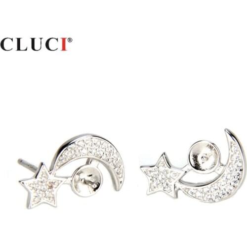 CLUCI 925 Sterling Silver Pearl Earrings Mounting for Women Fine Jewelry Silver 925 Star And Moon Shaped Stud Earrings SE035SB