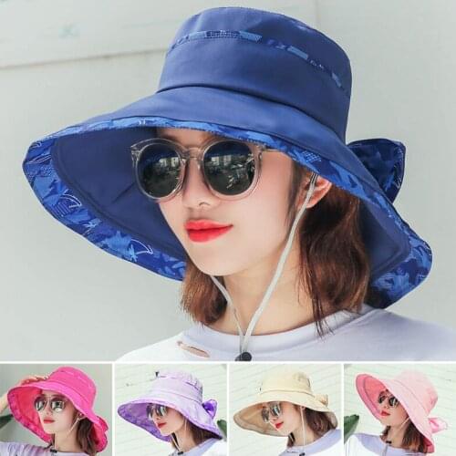Fashion New Summer Big Brim Sun Hat Women Bow knot Seaside Beach Windproof Sun Protection Cap Female Outdoor Anti-UV Sunhat