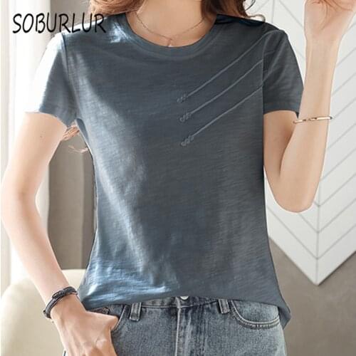SOBURLUR 2021 Summer New Shirt Women Tops O-neck Tees Woman T-shirt Womens T-shirts Solid color Short sleeve Crop Top Casual
