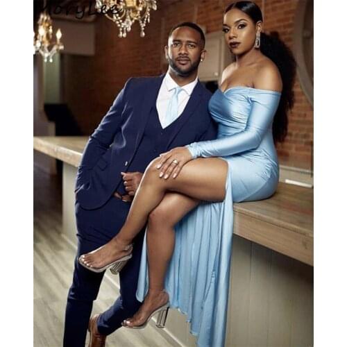 African Evening Dresses Light Sky Blue Long Sleeves Sweep Train Mermaid Silk Satin Evening Dresses vestidos de fiesta de noche