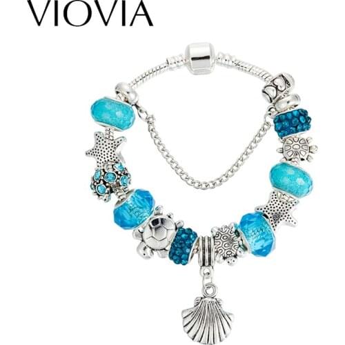 VIOVIA 2019 New Fashion Ocean Series Blue Crystal Glass Bead Bracelet Starfish Shell Bracelet Gifts for Women and Girls B15084