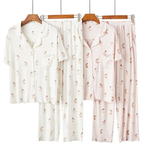 High Quality Cartoon Modal Sleepwear Women Spring Summer Pajamas Set Cute Short Sleeve Trousers Suit New Pijama Home Clothes