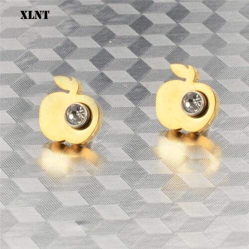 XLNT Fashion Stainless steel Zirconia Apple Stud Earrings for Women Wedding Jewelry Bijoux Brincos
