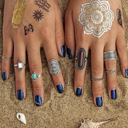 Wintexue 8PCS/LOT Punk Vintage Gold/Silver Color Crystal Knuckle Rings For Women Jewelry Exaggerate Ethnic Stone Finger Rings