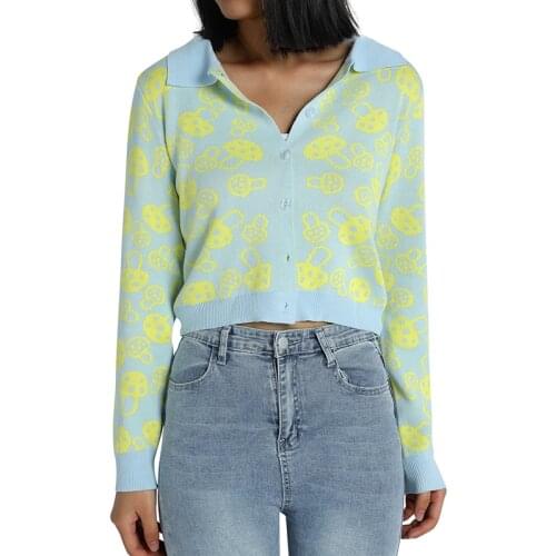 Women Loose Knitted Cardigan Sweater Autumn Winter Female Casual Long Sleeve Turn-Down Collar Mushroom Print Sweater Tops