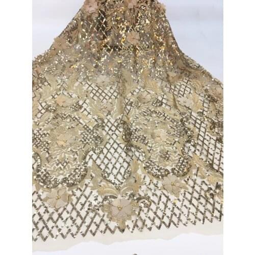 Gold Color Handmade Beads With Sequins Lace Fabric African Popular 3D Flowers Style Tulle Lace Fabric For Women Dress CD2985