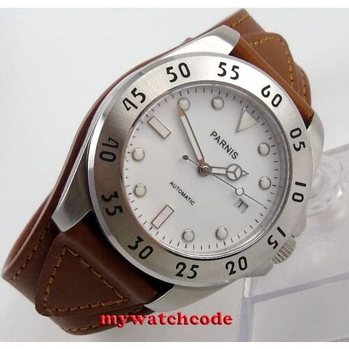 43mm Parnis white dial Sapphire Glass brown strap miyota Automatic mens Watch602