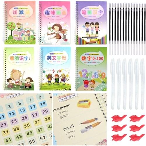 6PCS Kids Reusable 3D Groove Copybooks Learning Writing Drawing Calligraphy Notebooks with 6 Pen Barrels 18 Refills 6 Grips
