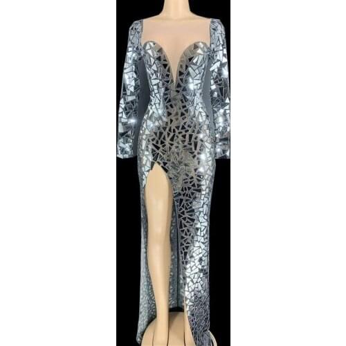 Sparkly Mirror dresses Women Long Sleeve Transparent Long Dress Birthday costume