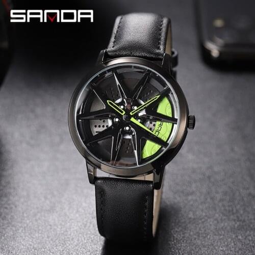 SANDA Mens With Rim Hub Leather Watch Run Car Wheel Watch Fashion Waterproof Sport WatchLuxury Brand Quartz Wristwatch P1071