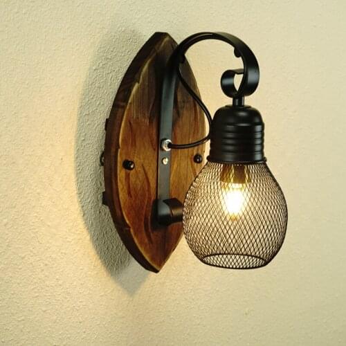 E27 Solid Wooden Wall Lamp Retro Iron Hollow Lampshade Living Room Bedroom Sconce Hotel Villa Foyer Cafe Bar Aisle Decor Lights