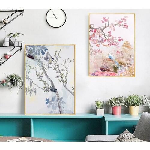 Flower And Bird Chinese Style Ink Canvas Painting Pink And Blue Poster And Prints Wall Art Picture For Living Room Bedroom Decor