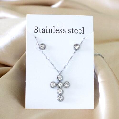 Cross Cubic Zirconia Pendant and Small Earrings Set Stainless Steel Fashion Jewelry Set for Women Men Party Gift Jewelry