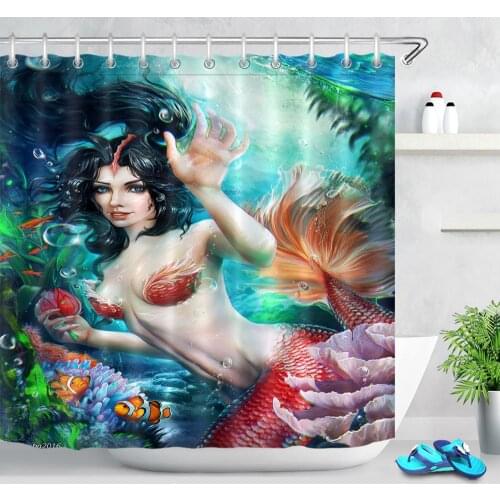Mermaid Shower Curtain Set with Hooks Sea World Sexy Girls Bath Curtains Eco Friendly Waterproof Polyester Fabric Bathroom Decor