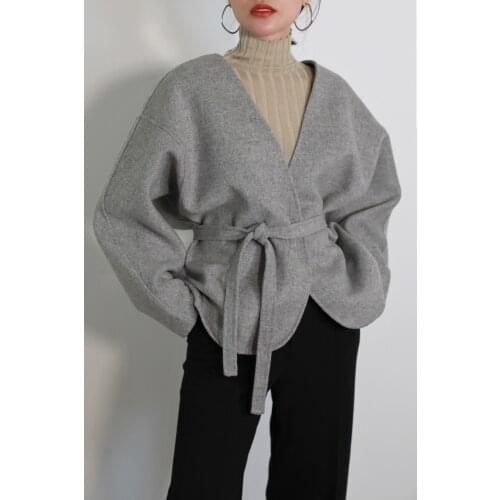 New Winter Women Short Woolen Belt Jacket Wool Cashmere Coat Female ladies outwear