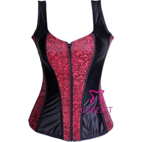 New Red Black Patchwork Strap Overbust Sexy Crop Bustier Top Woman Sexy Lingerie Corset Zipper Gothic Floral Pattern Body Shaper