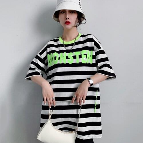 New female Stripe printing t shirt short sleeve summer loose mid-length clothes Harajuku woman t shirt 2021 oversized t shirt