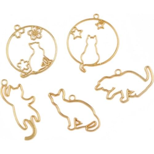 5pcs/set Mix Cat Bezel Metal Frame Pendant Charm Bezel Setting Cabochon Setting UV Resin Charm Necklace Earring Findings