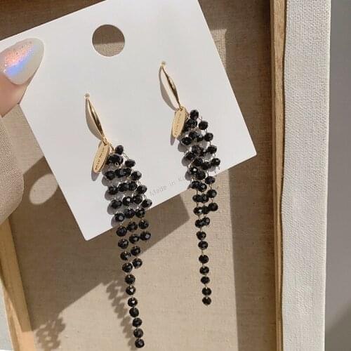 Origin Summer Unique Design Long Black Crystal Dangle Earring for Women Girls Temperament Tassel Gold Metal Earring Jewelry